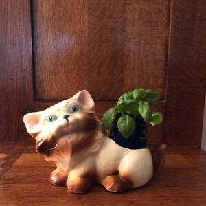 Ceramic Cat Planter - Cream and Brown